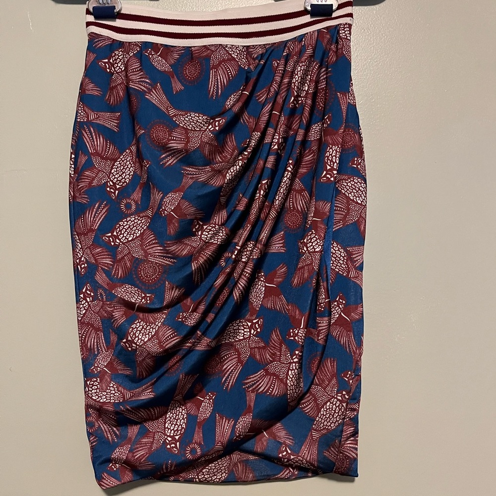 Zara Faux Wrap Elastic Waist Bird Print Skirt